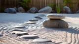 Tranquil Zen garden featuring a path of smooth stepping stones with meticulously raked sand and harmoniously placed rocks, promoting peace and mindfulness.