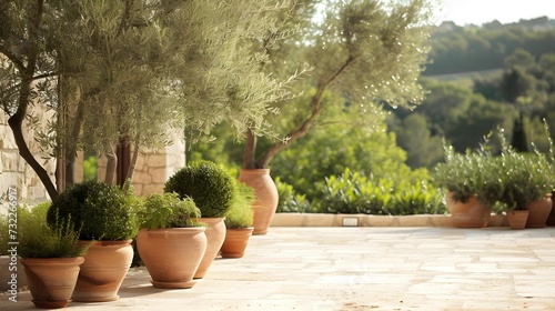 Sunny Mediterranean terrace lined with terracotta pots of lush green olive trees and shrubs, offering a peaceful outdoor retreat. photo