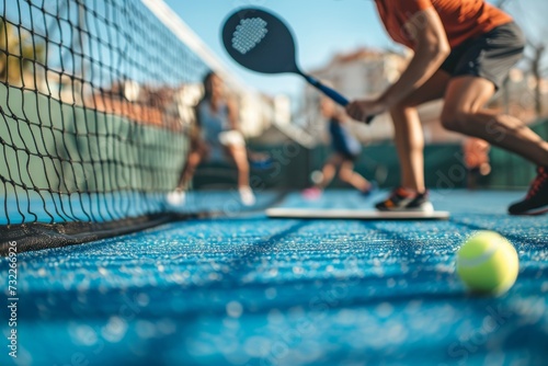 A couple engaged in a paddle tennis match on the court with a ball