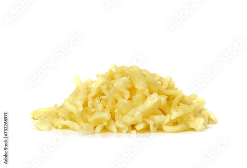 Shredded mozzarella cheese on white background