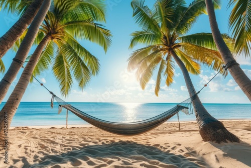 A hammock is stretched between palm trees against the backdrop of a beautiful golden sunny beach and blue ocean. AI generative