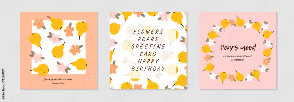 Floral and fruit square greeting cards. Vector illustrations and border of spring cute flowers, pears for  poster, social media post,  flyer, brochure, banner or background. Drawings hand-drawn design