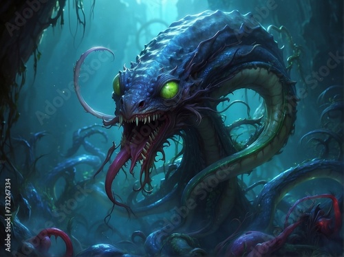 In the dark depths of a virtual reality, a grotesque Lovecraftian creature slithers, its writhing tentacles flickering with eldritch energy. This concept art, presented as a digital painting, portrays