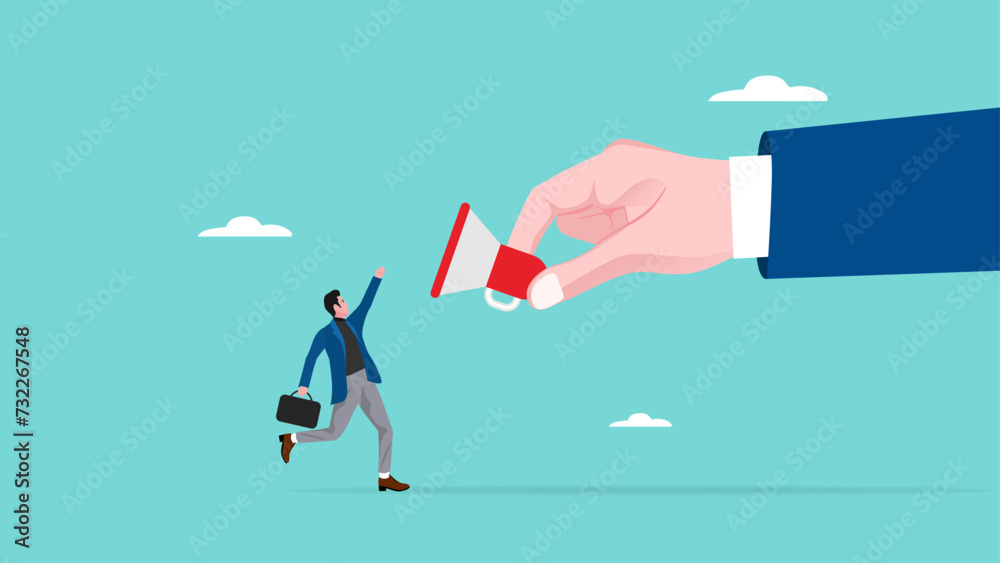 encourage employee contributions or opinions, ask for suggestions from employees for business progress, staff encouragement concept, businessman offers megaphone for employees to express opinions encourage employee contributions or opinions, ask for suggestions from employees for business progress, staff encouragement concept, businessman offers megaphone for employees to express opinions