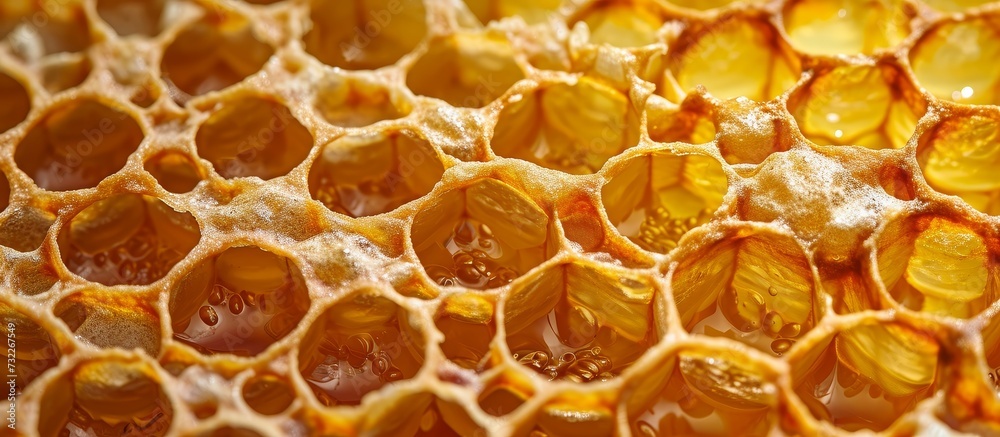 A macro photograph of a beehive close-up reveals a beautiful honeycomb pattern filled with amber-colored honey, showcasing nature's natural material.