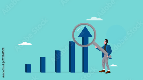 business profit growth analyze, economic growth graph with financial management, strategy to achieve business success or financial freedom, businessman with magnifying glass analyze growth graph