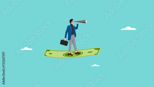 see business opportunity with money power, businessman flies on banknotes while using binoculars to see business opportunities, looking for the next business strategy with money vector illustration