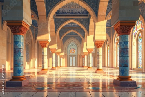 Beautiful Islamic style mosque interior. The mosque is decorated with Islamic patterns. © MrHamster