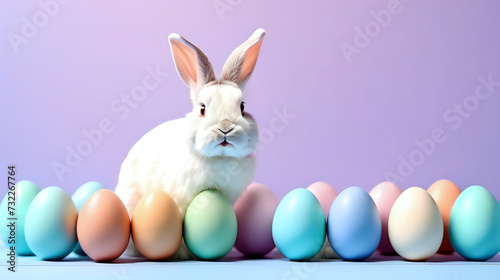 Cute bunny rabbit and colorful pastel egg on background, easter concept, bright tone, text space
