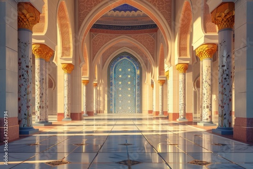 Beautiful Islamic style mosque interior. The mosque is decorated with Islamic patterns.