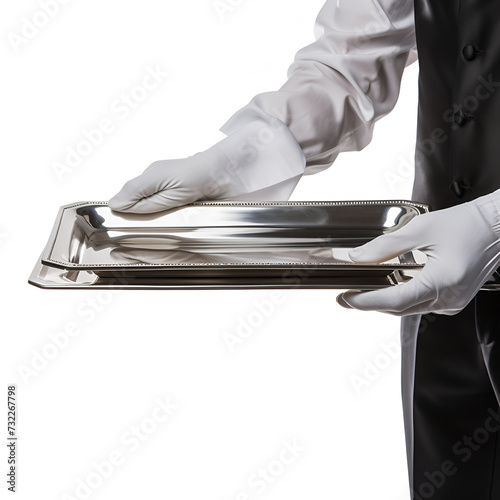 Restaurant awaiter holding tray, butler holding silver tray isolated on white background  photo