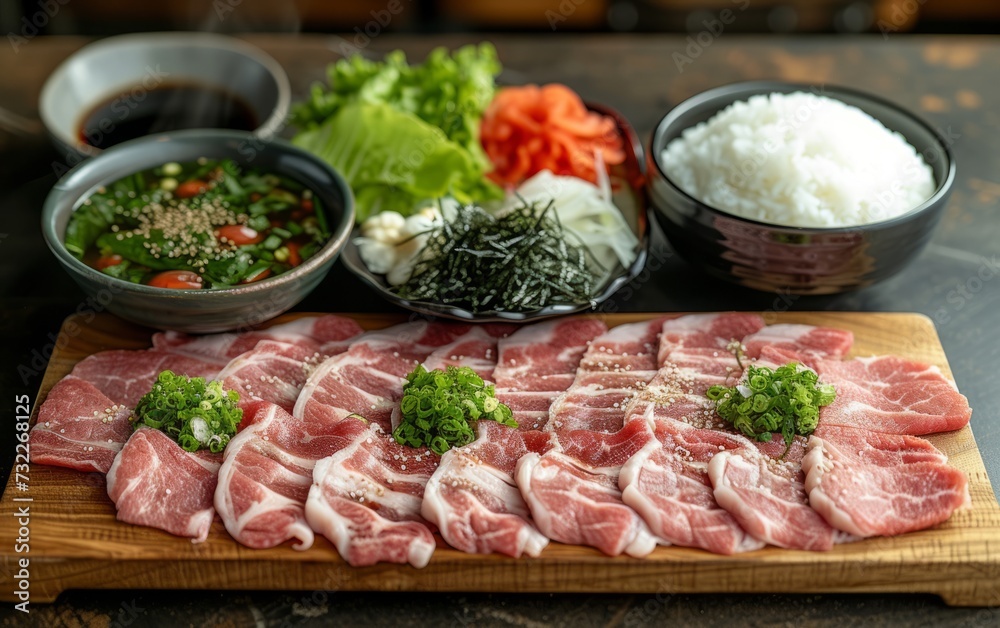 yakiniku with rice and soup and  salad on a wooden tray