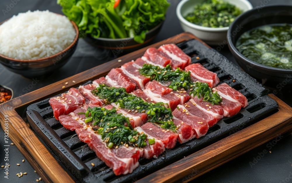 yakiniku with rice and soup and salad on a wooden tray yakiniku with rice and soup and salad on a wooden tray