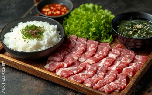 yakiniku with rice and soup and  salad on a wooden tray