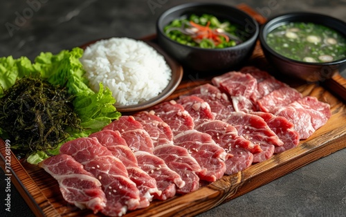 yakiniku with rice and soup and salad on a wooden tray