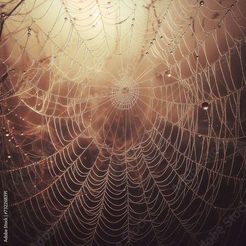 Delicate spiderwebs, adorned with morning dew, glisten in the gentle embrace of the early-rising sun.