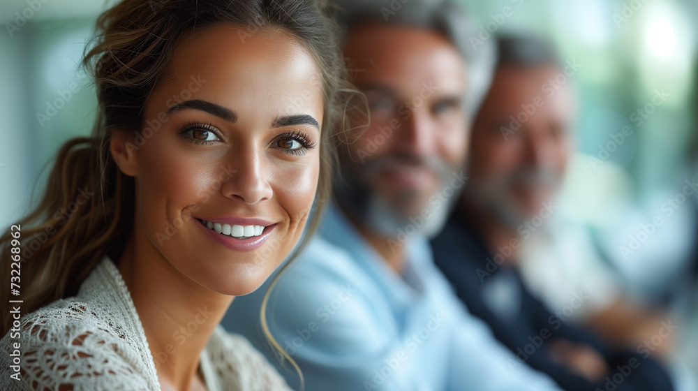 Smiling businesswoman sitting with colleagues in an office, multicultural, multiracial, multigenerational