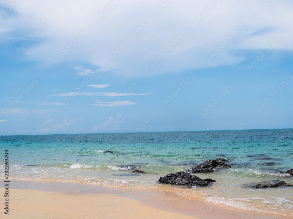 Obraz premium Beautiful horizon landscape view point tropical summer rock sea ocean white beach blue sky blackground nature calm wave water. wind blows cool clear look relaxed travel Thailand sun day time .