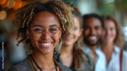 Smiling businesswoman sitting with colleagues in an office, multicultural, multiracial, multigenerational