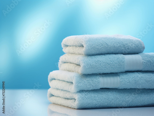 Light blue spa towels pile  bath towels lying in a stack on light blue peaceful background with copy space. 