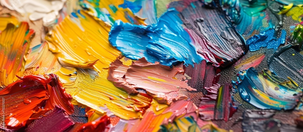 A detailed view of an art palette showcasing a variety of natural landscape-inspired colors like electric blue and petal, perfect for painting and creating visual arts during an event.