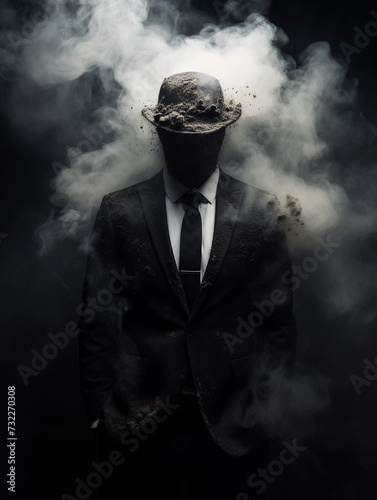 Man in black suit vanishing in a dark black smoke from head  surreal emotional concept. 