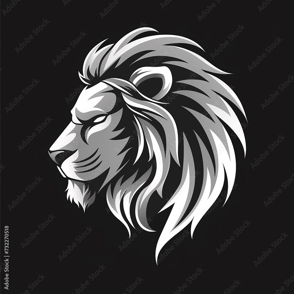 Silver white lion logo on black background. Vector illustration of animal logo 