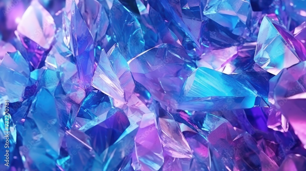 Iridescent Glass Shards Reflecting Neon Pink and Blue Hues.