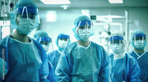 Emergency team of medical doctors with operating room background in hospital