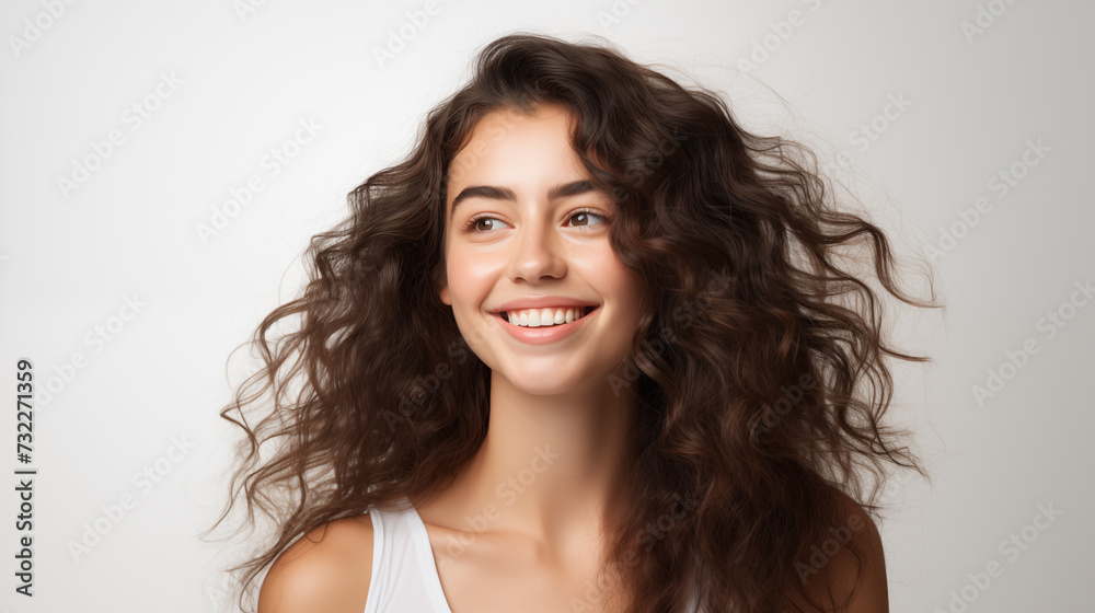 Protrait of Cheerful Young Woman with Lustrous Curly Hair