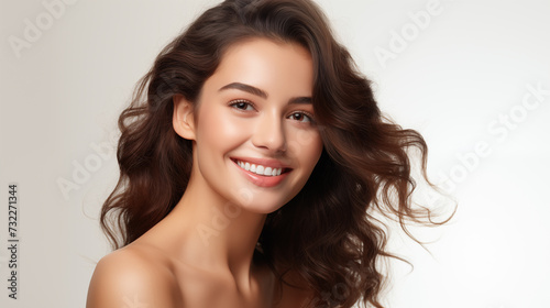Protrait of Cheerful Young Woman with Lustrous Curly Hair