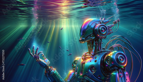 Y2K-inspired underwater robotic scene with vibrant neon colors and digital disintegration.