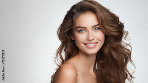 Protrait of Cheerful Young Woman with Lustrous Curly Hair
