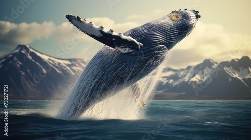 Slow motion close up humpback whale jumping over the sea, Generative Ai © Nisa