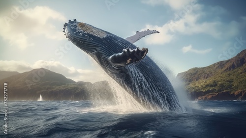 Slow motion close up humpback whale jumping over the sea, Generative Ai © Nisa
