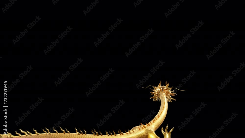 3D animation Golden Chinese dragon slithering in the air to a smart pose at the end includes alpha matte.