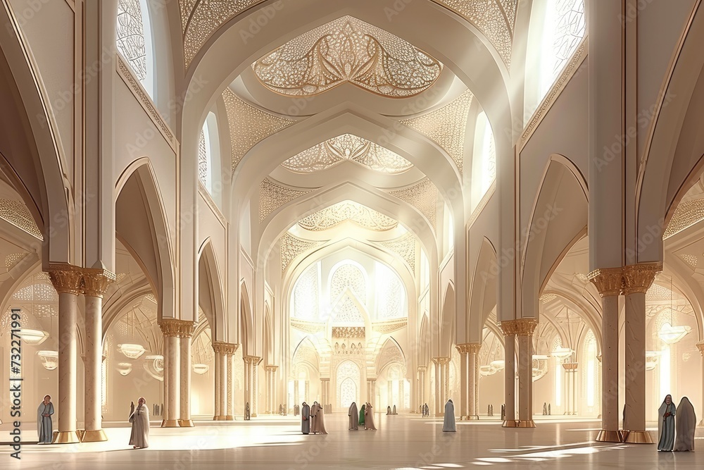 Beautiful Islamic style mosque interior. The mosque is decorated with Islamic patterns. Beautiful Islamic style mosque interior. The mosque is decorated with Islamic patterns.