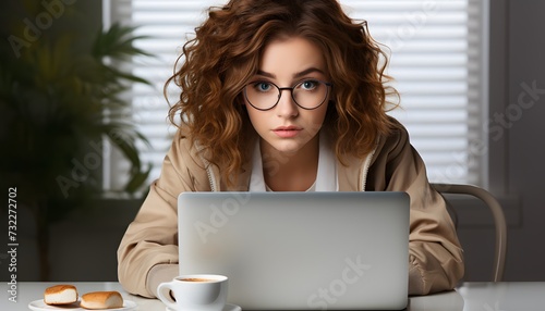 Young Woman With Curly Hair Working Intently on Laptop in Modern Office