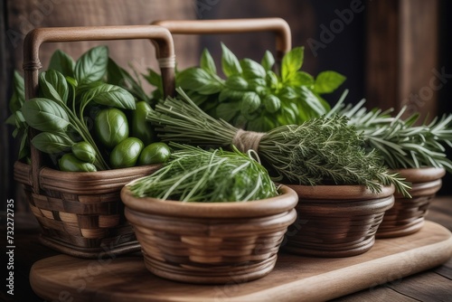 Herbs and spices on a wooden background. Food and cuisine ingredients