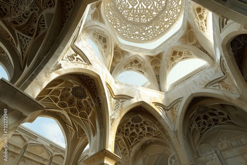 Detail of the Islamic style mosque facade. The mosque is decorated with Islamic patterns.