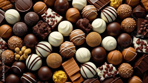 Assortment of chocolate candies, white, dark, and milk chocolate candies