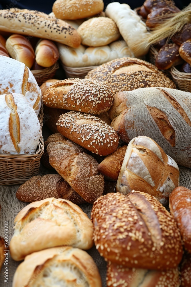 A variety of baked goods including bread loaves and rolls