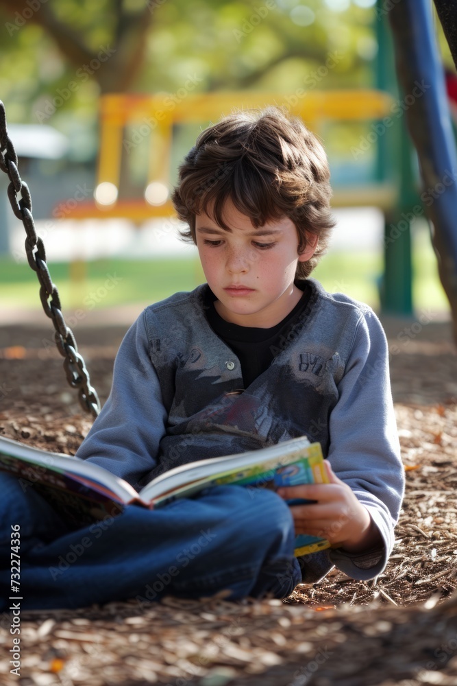 A young student engrossed in reading books at the school park A young student engrossed in reading books at the school park