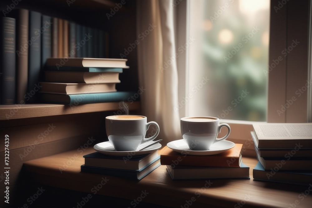 Cup of coffee and books on the windowsill. Selective focus Cup of coffee and books on the windowsill. Selective focus