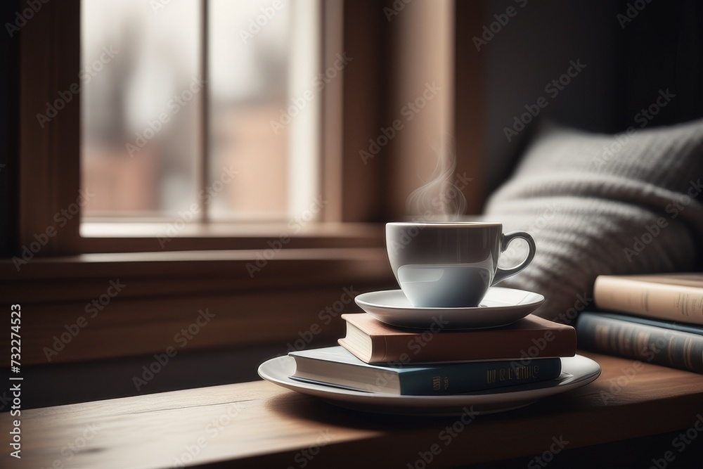 Cup of coffee and books on the windowsill. Selective focus