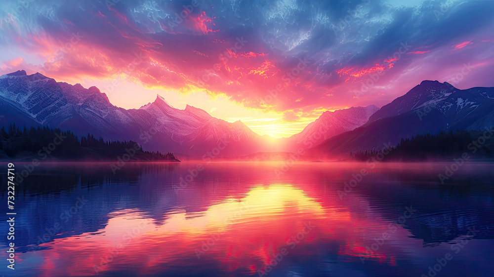 The sun sets over a mountain lake, casting vibrant orange and pink reflections on the water with silhouetted pine trees in the foreground.
