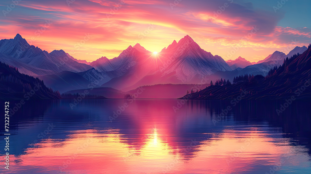 The sun sets over a mountain lake, casting vibrant orange and pink reflections on the water with silhouetted pine trees in the foreground.
