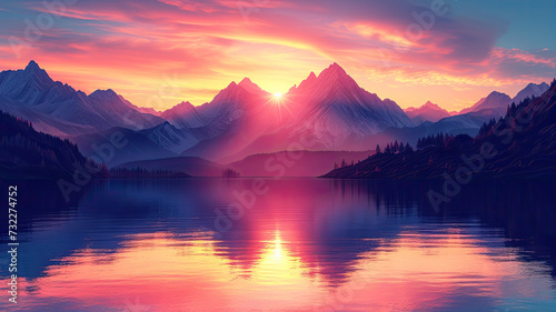 The sun sets over a mountain lake, casting vibrant orange and pink reflections on the water with silhouetted pine trees in the foreground. 