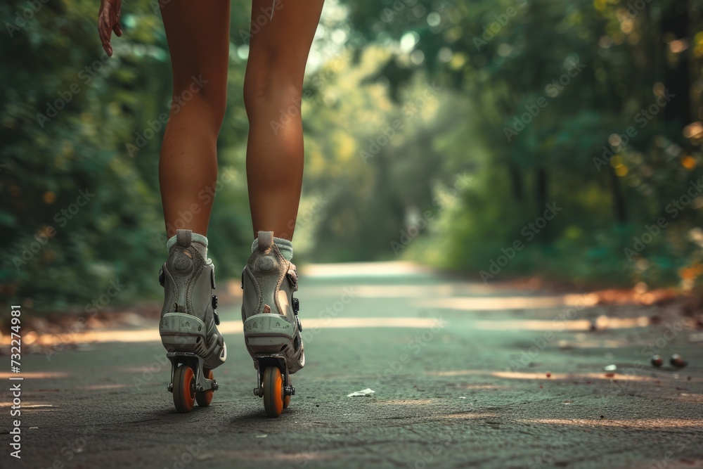 A woman’s legs with roller blades on a path A woman’s legs with roller blades on a path