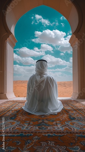 an arab man sits and prays on a prayer mat in the middle of the desert